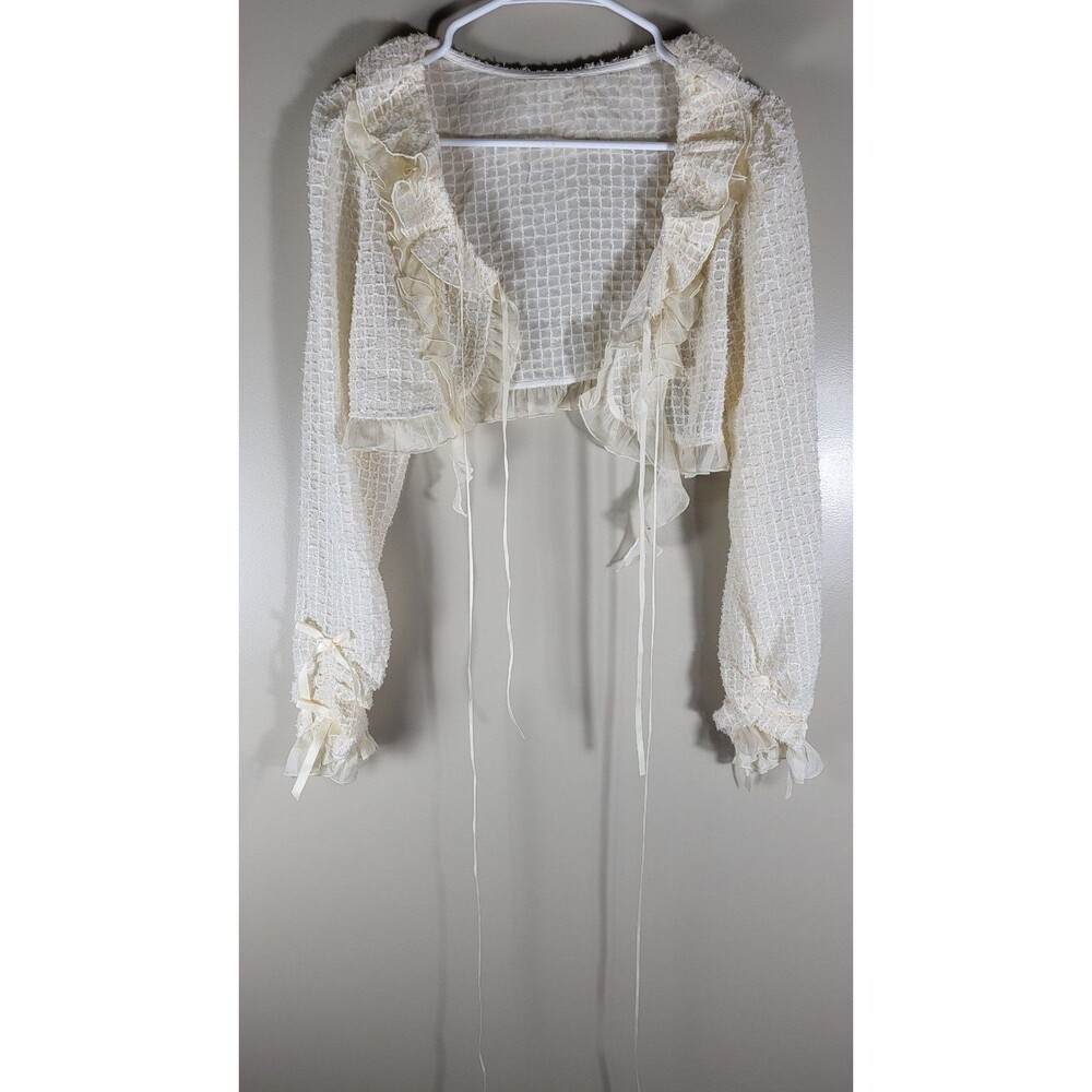 Womens Ivory Ruffle Bolero Shrug Tie Front Crop Cardigan Coquette Romantic M - Picture 8 of 8
